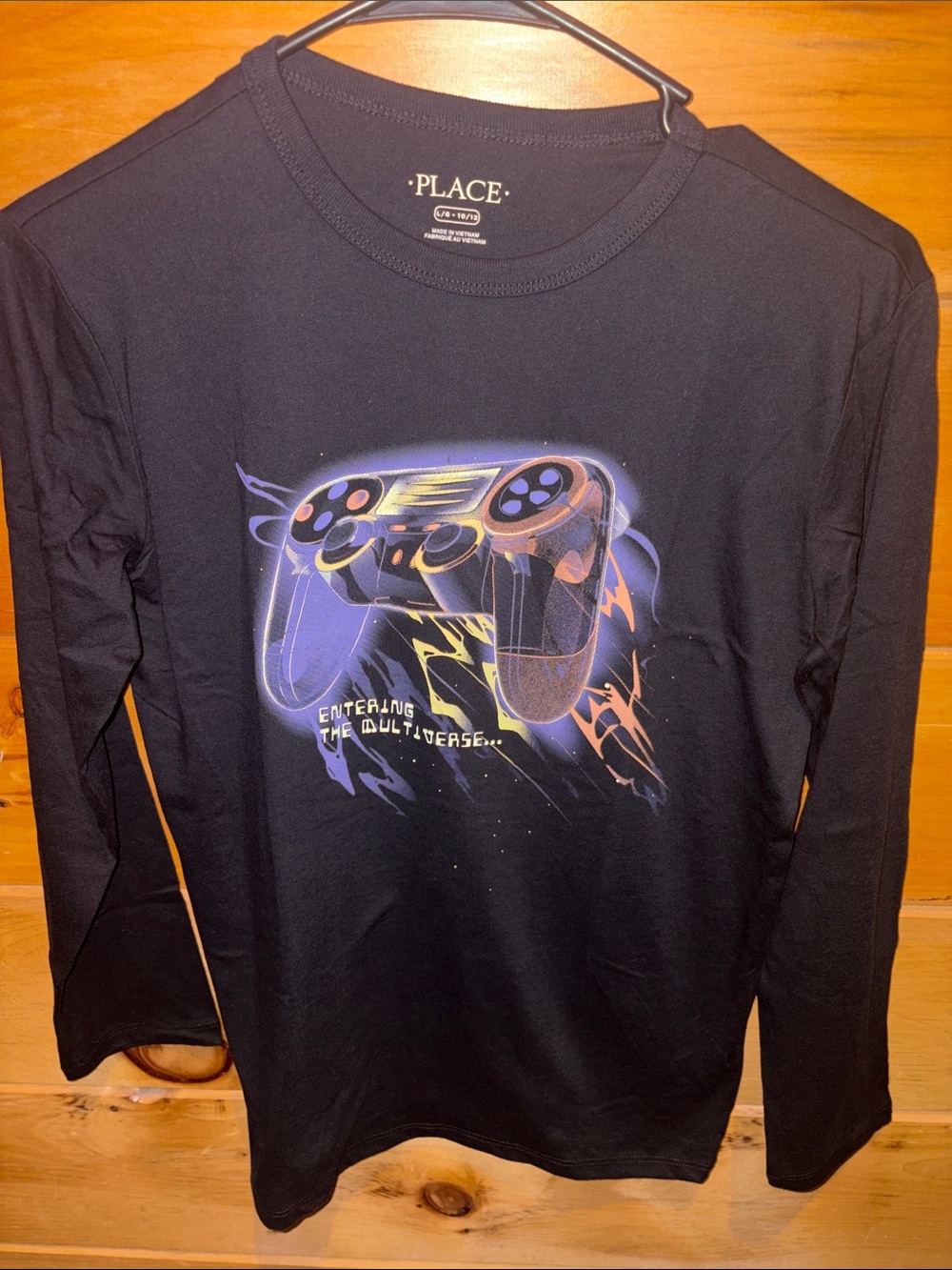 Place Black Long Sleeve Tee with Neon Gamer Controller Graphic